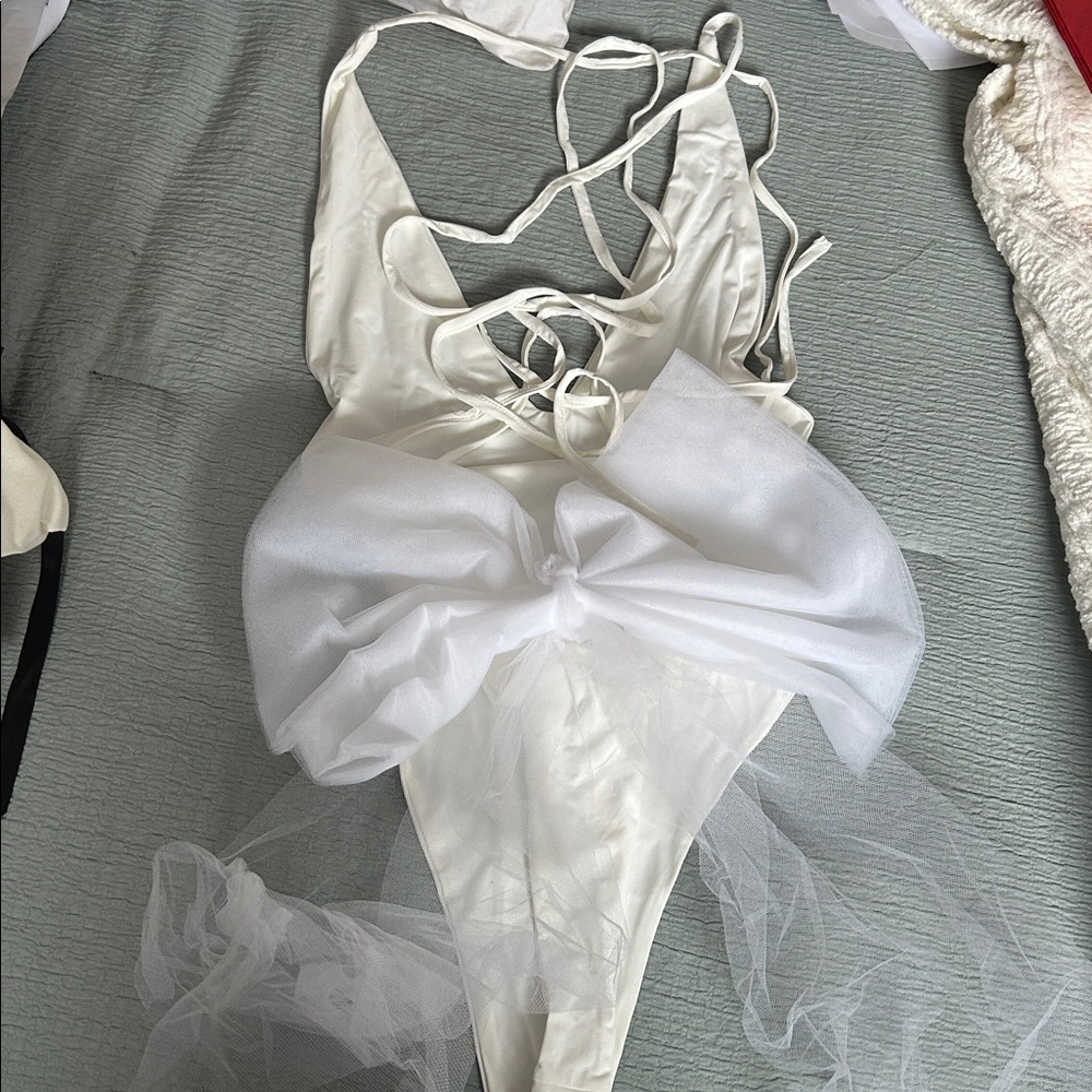 White One-Piece Swim Suit with Tulle Bow